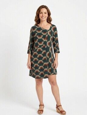 Niche by Nilgun Derman Art Deco Fan Print Green Rust Tunic Dress - Medium